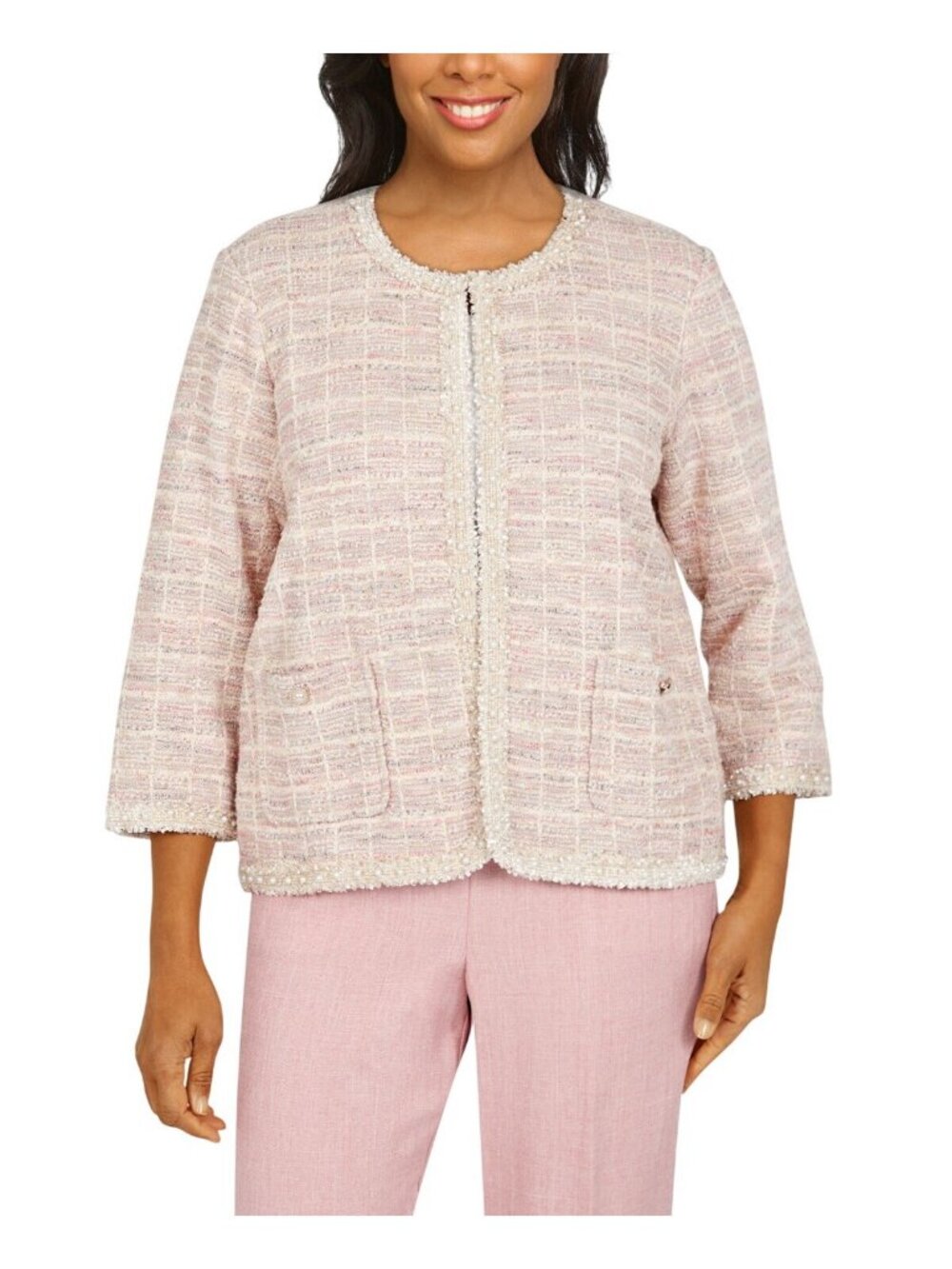 NWT Alfred Dunner Shimmer Knit Tweed 3/4 Sleeve Jacket Magnolia Pink Multi 2X